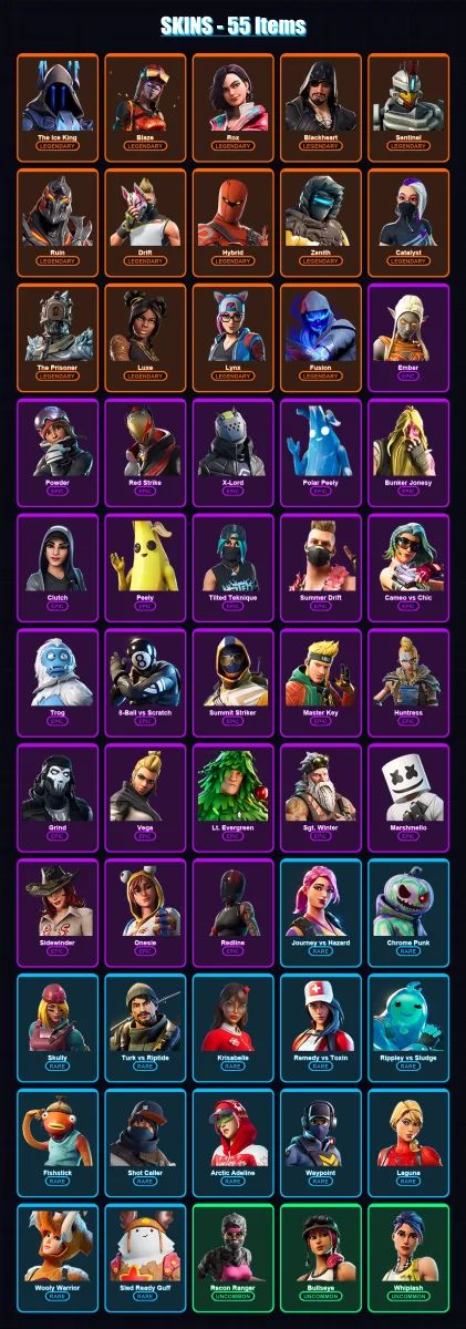 [SWITCH/PSN/PC] | The Ice King | Blaze | Rox | Blackheart | Sentinel | 55 skin | 48 pickaxe | 70 emote | 59 glider | Lv826