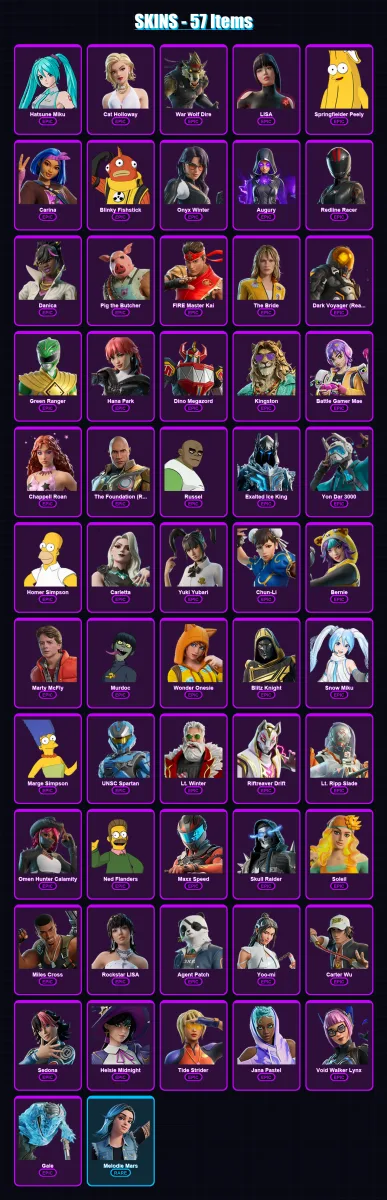 [PC/XBOX/PSN] | Hatsune Miku | Cat Holloway | War Wolf Dire | LISA | Springfielder Peely | 57 skin | 77 pickaxe | 60 emote | 41 glider | Lv554