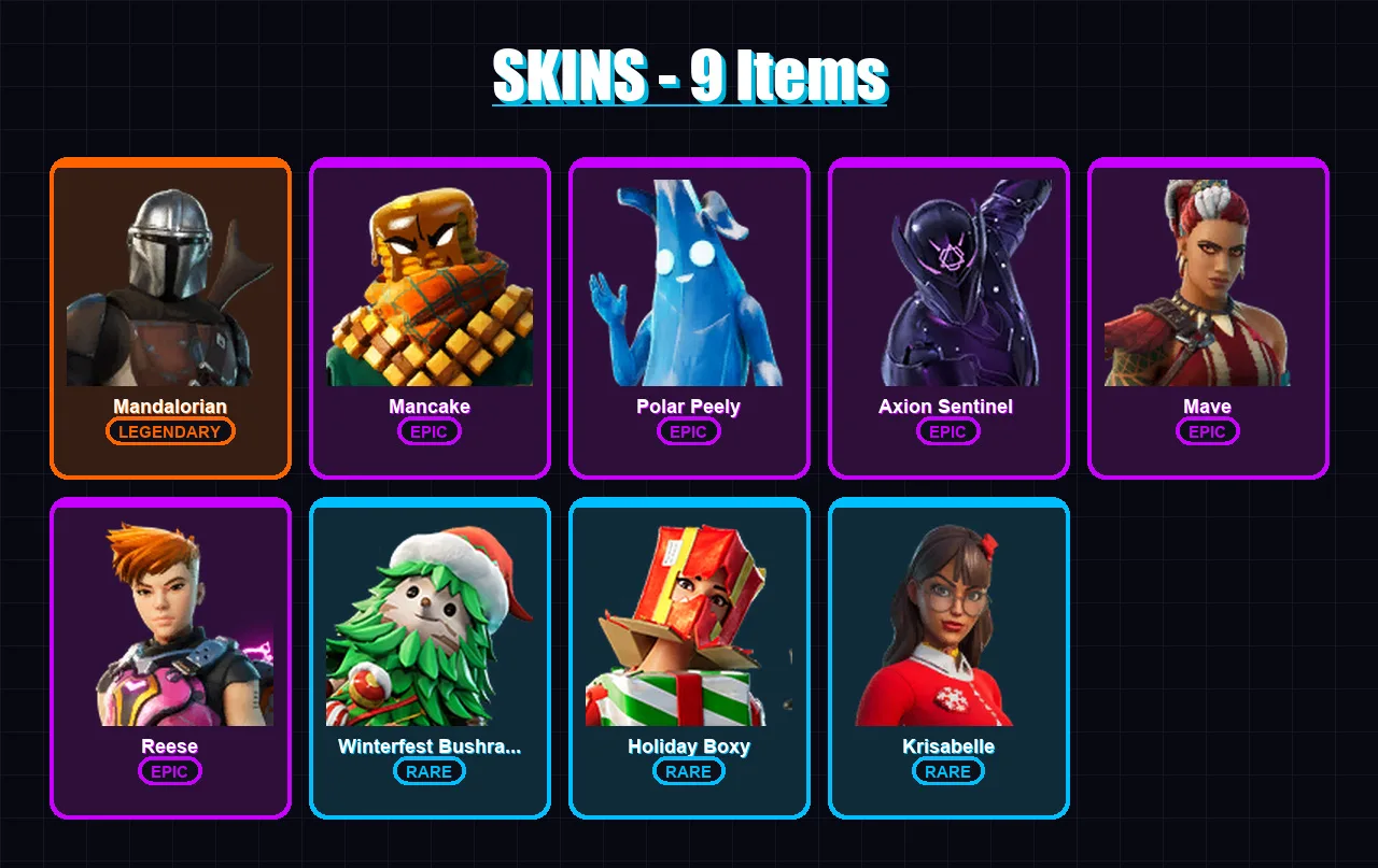 [SWITCH/XBOX/PSN/PC] | Mandalorian | Mancake | Polar Peely | Axion Sentinel  | Mave | 9 skin | 12 pickaxe | 12 emote | 16 glider | Lv169