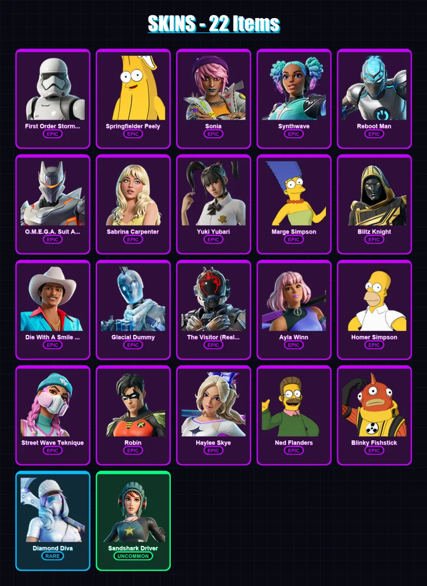 [PC/XBOX/PSN] | First Order Stormtrooper | Springfielder Peely | Sonia | Synthwave | Reboot Man | 22 skin | 52 pickaxe | 34 emote | 31 glider | Lv44