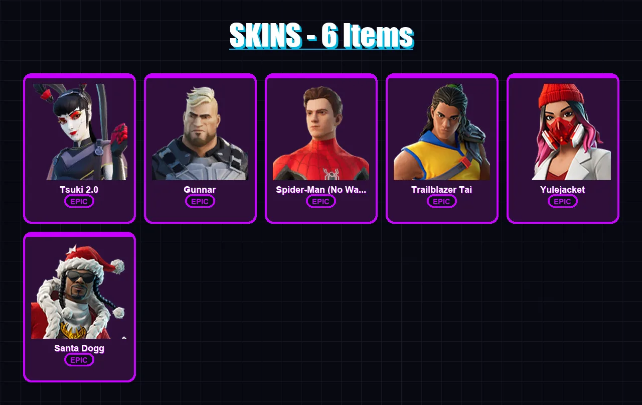 [PC/XBOX] | Tsuki 2.0 | Gunnar | Spider-Man (No Way Home) | Trailblazer Tai | Yulejacket | 6 skin | 21 pickaxe | 15 emote | 15 glider | Lv273