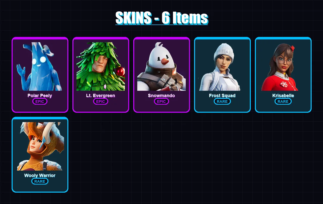 [PS4/PS5/XBOX/PC] | Polar Peely | Lt. Evergreen | Snowmando | Frost Squad | Krisabelle | 6 skin | 28 pickaxe | 24 emote | 24 glider | Lv455