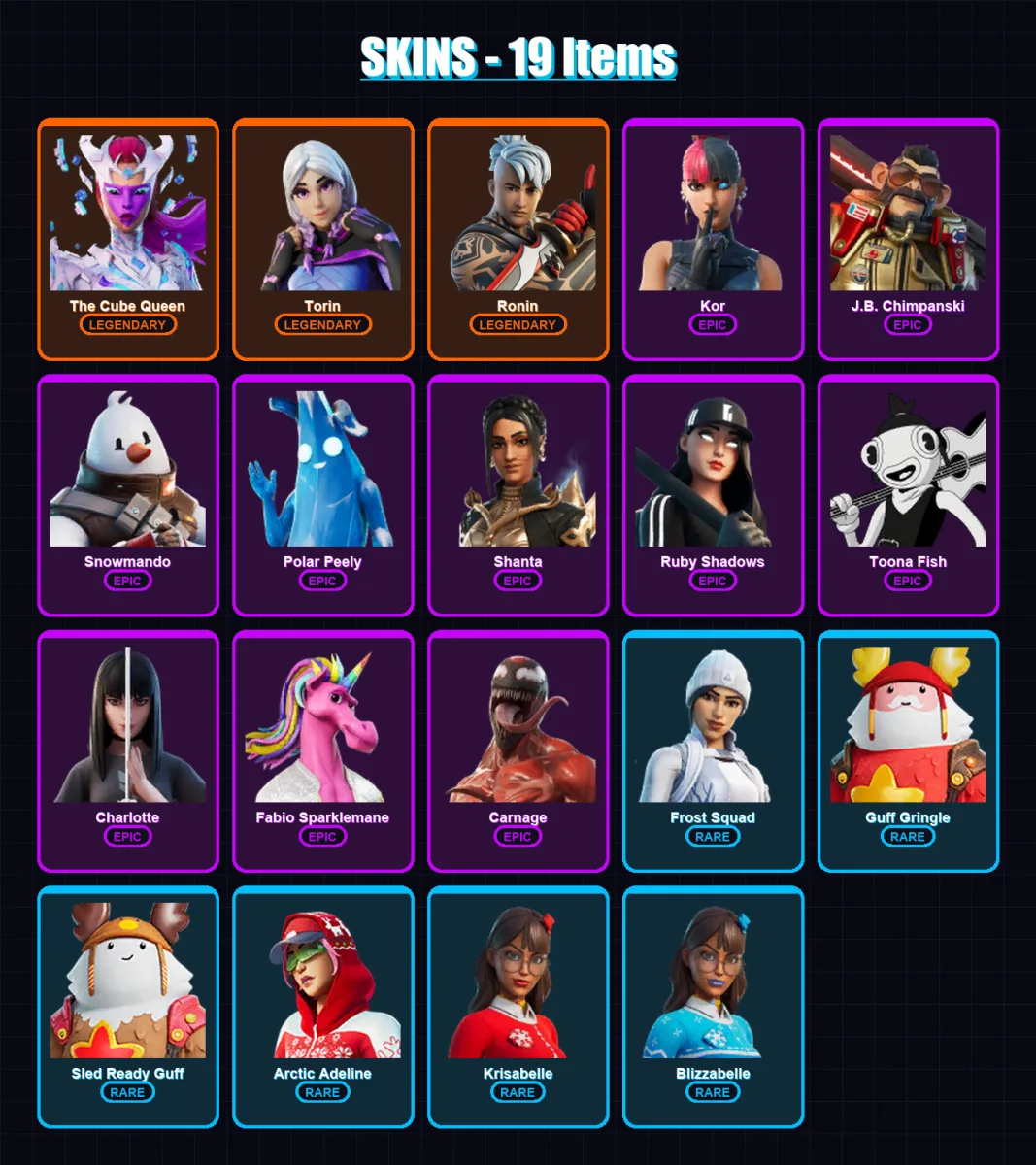 [PC/XBOX/PSN] | The Cube Queen | Torin | Ronin | Kor | J.B. Chimpanski | 19 skin | 29 pickaxe | 33 emote | 34 glider | Lv498