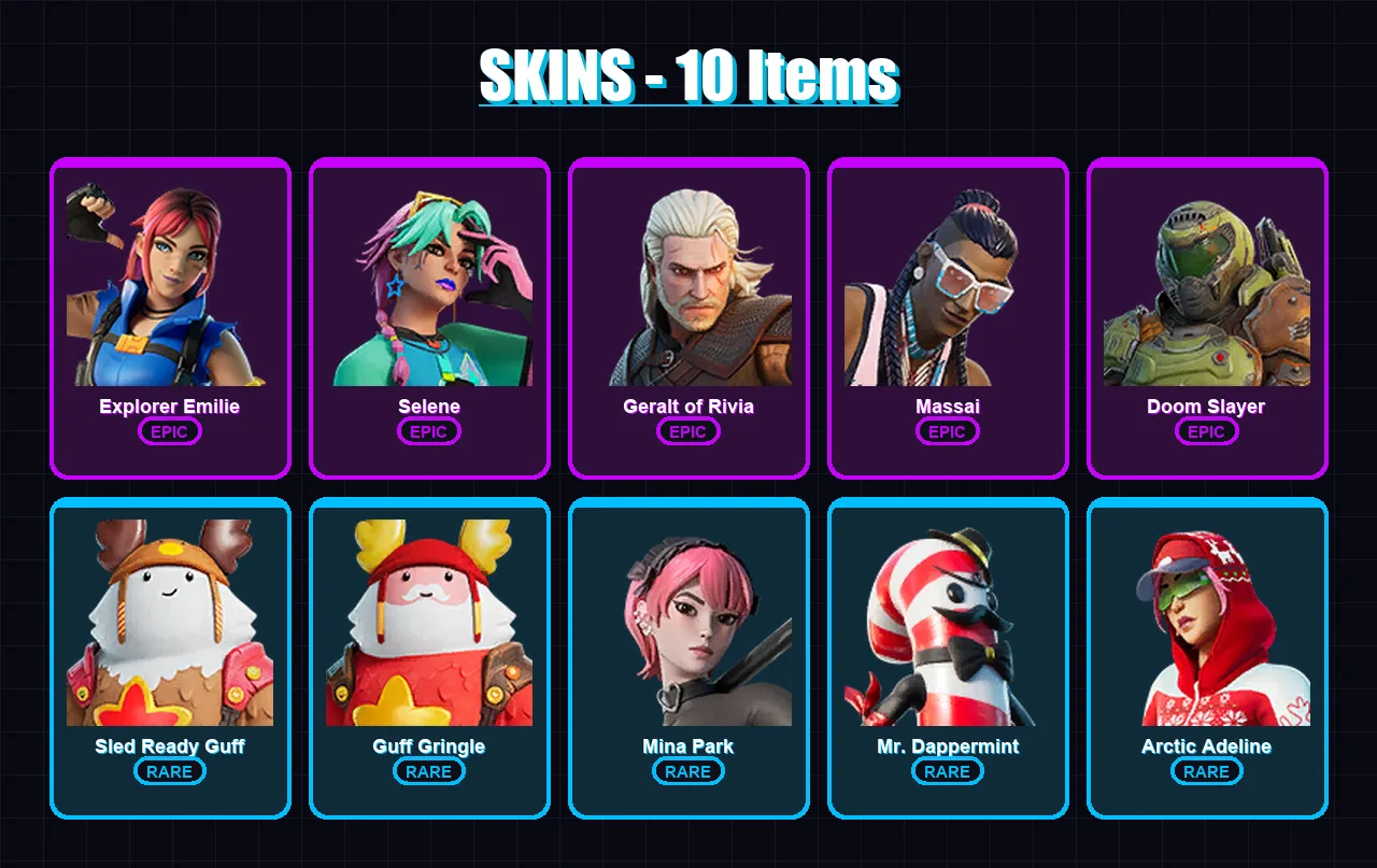 [PC/XBOX/PSN] | Explorer Emilie | Selene | Geralt of Rivia | Massai | Doom Slayer | 10 skin | 13 pickaxe | 11 emote | 11 glider | Lv92