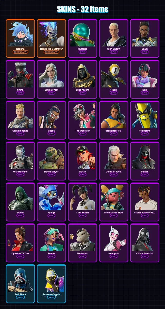 [SWITCH/PC] | Nezumi | Renzo the Destroyer | Mysterio | Slim Shady | Shuri | 32 skin | 44 pickaxe | 32 emote | 31 glider | Lv326