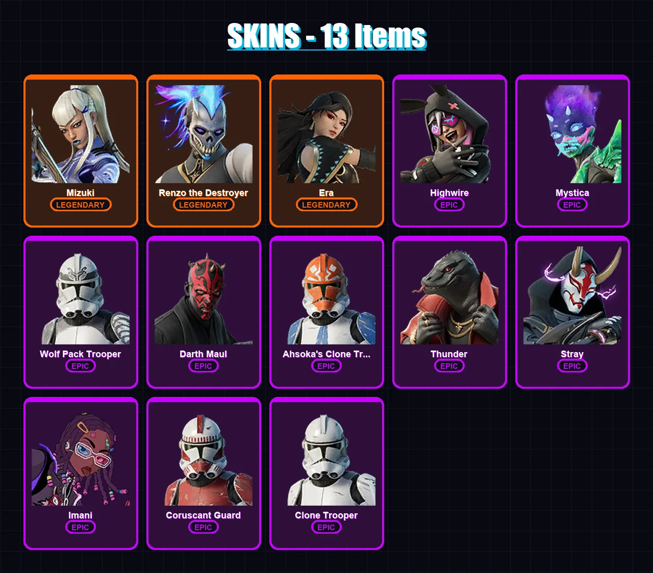 [PC/XBOX/PSN] | Mizuki | Renzo the Destroyer | Era | Highwire | Mystica | 13 skin | 13 pickaxe | 12 emote | 14 glider | Lv146