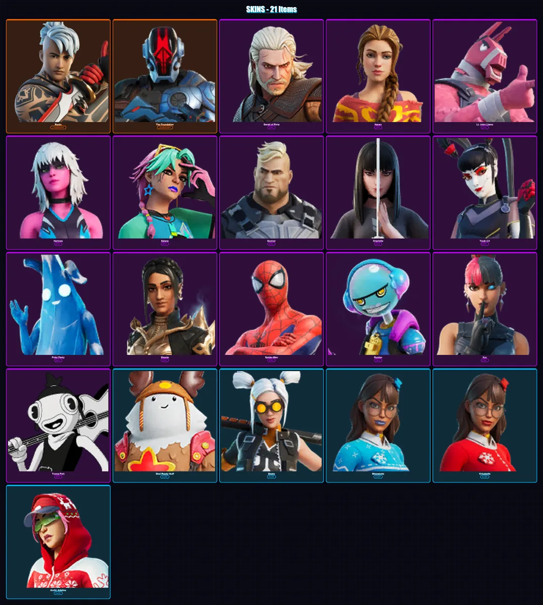 [PC/XBOX/PSN] | Ronin | The Foundation | Geralt of Rivia | Haven | Lt. John Llama | 21 skin | 45 pickaxe | 31 emote | 46 glider | Lv455