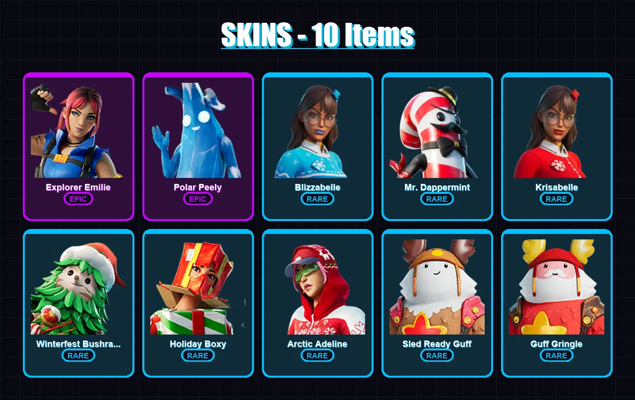 [PC/XBOX/PSN] | Explorer Emilie | Polar Peely | Blizzabelle | Mr. Dappermint | Krisabelle | 10 skin | 19 pickaxe | 17 emote | 22 glider | Lv530