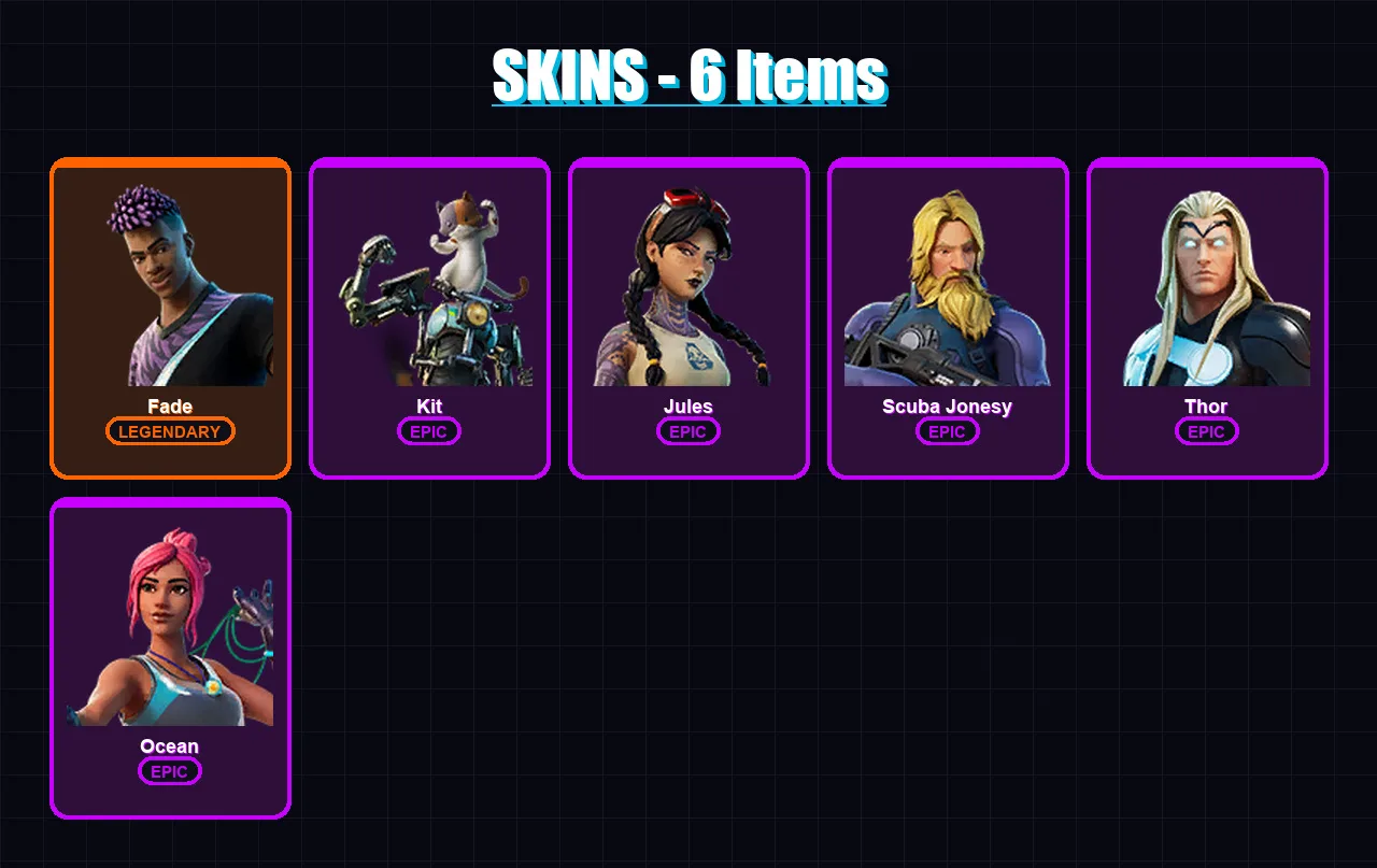 [PC/XBOX/PSN] | Fade | Kit | Jules | Scuba Jonesy | Thor | 6 skin | 9 pickaxe | 11 emote | 15 glider | Lv165