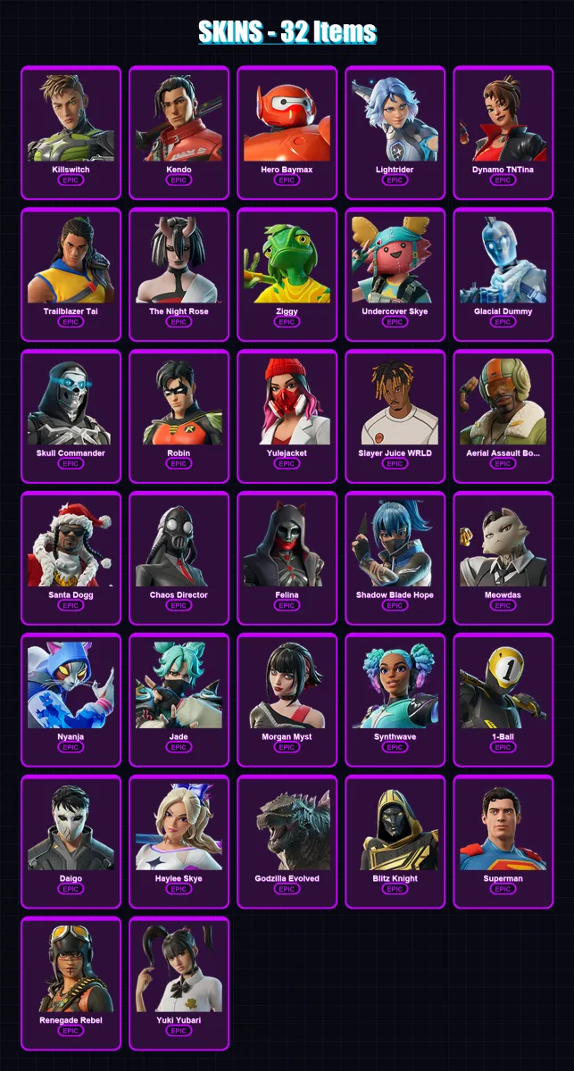 [PC/XBOX/PSN] | Killswitch | Kendo | Hero Baymax | Lightrider | Dynamo TNTina | 32 skin | 101 pickaxe | 51 emote | 66 glider | Lv1964