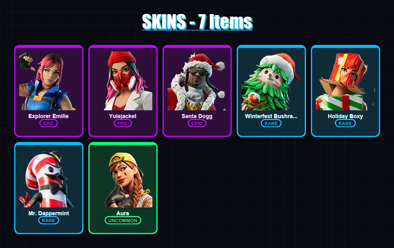 [PC/XBOX/PSN] | Explorer Emilie | Yulejacket | Santa Dogg | Winterfest Bushranger | Holiday Boxy | 7 skin | 37 pickaxe | 17 emote | 29 glider | Lv43