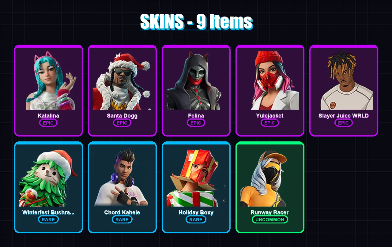 [PC/XBOX/PSN] | Katalina | Santa Dogg | Felina | Yulejacket | Slayer Juice WRLD | 9 skin | 35 pickaxe | 17 emote | 21 glider | Lv350