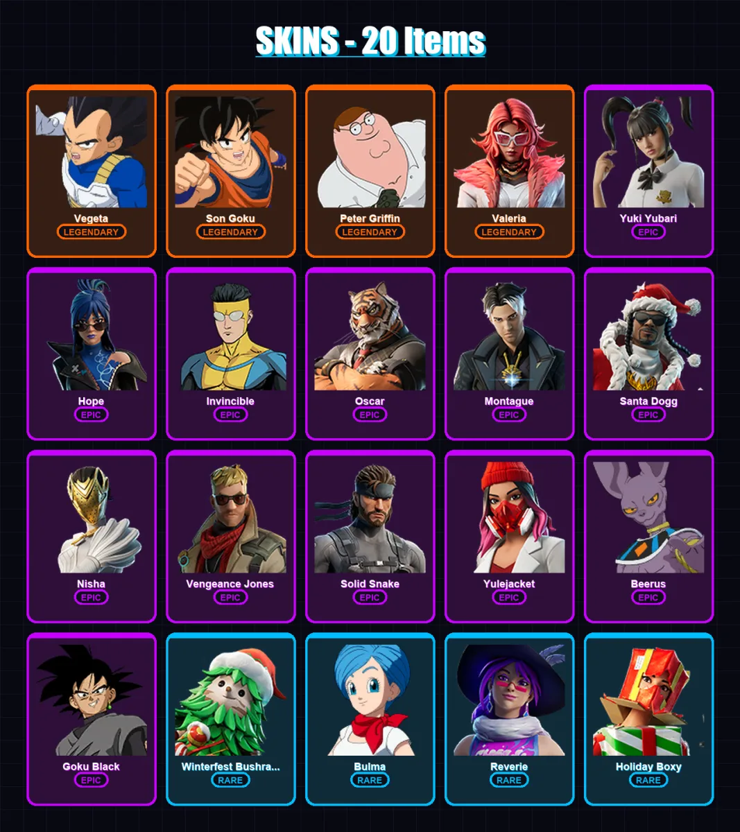 [PC] | Vegeta | Son Goku | Peter Griffin | Valeria | Yuki Yubari | 20 skin | 33 pickaxe | 21 emote | 20 glider | Lv218 — Fortnite account
