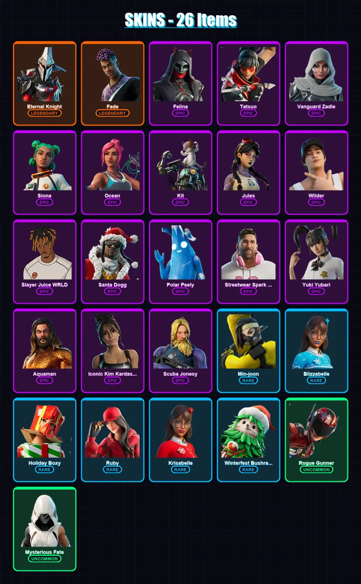 [PC/XBOX/PSN] | Eternal Knight | Fade | Felina | Tatsuo | Vanguard Zadie | 26 skin | 68 pickaxe | 34 emote | 58 glider | Lv1044