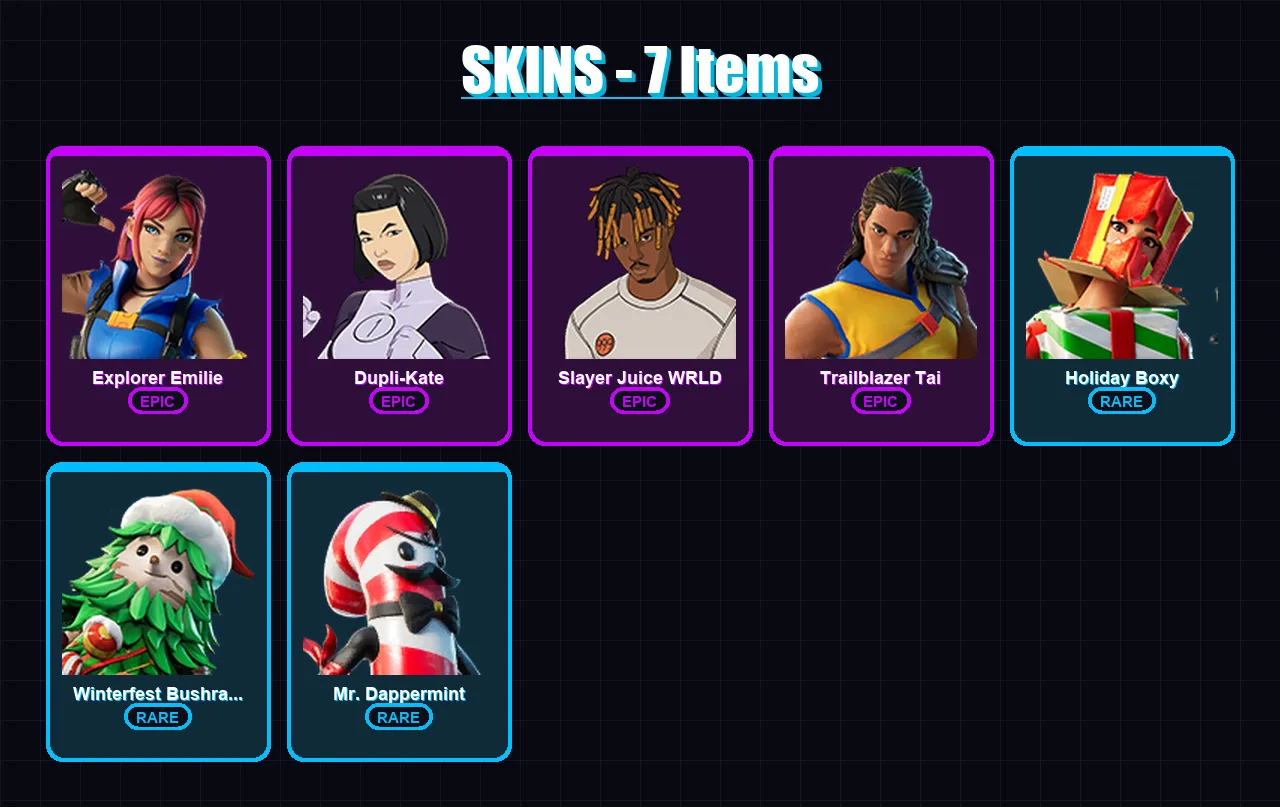 [PC/PSN] | Explorer Emilie | Dupli-Kate | Slayer Juice WRLD | Trailblazer Tai | Holiday Boxy | 7 skin | 23 pickaxe | 10 emote | 25 glider | Lv368