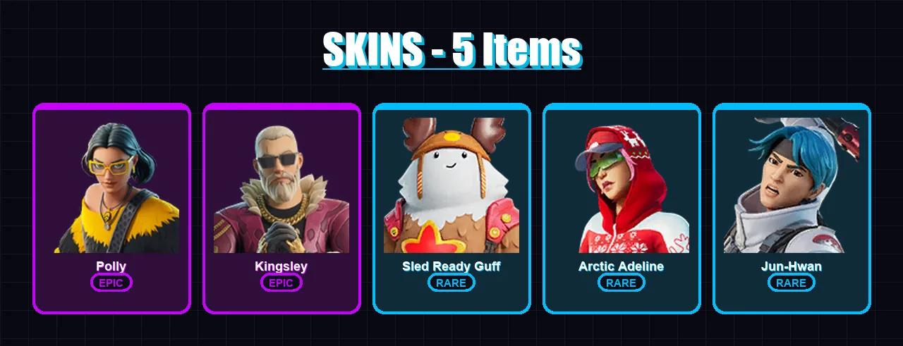 [PS4/PS5/XBOX/PC] | Polly | Kingsley | Sled Ready Guff | Arctic Adeline | Jun-Hwan | 5 skin | 15 pickaxe | 9 emote | 13 glider | Lv198