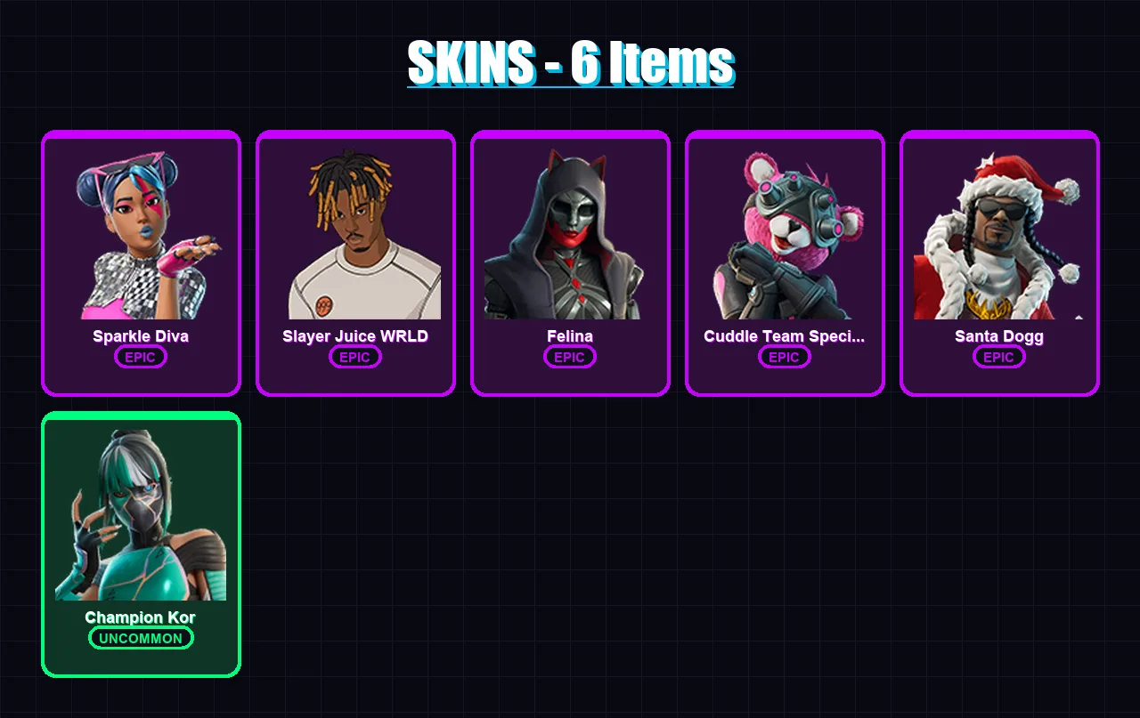 [PC/XBOX/PSN] | Sparkle Diva | Slayer Juice WRLD | Felina | Cuddle Team Specialist | Santa Dogg | 6 skin | 22 pickaxe | 10 emote | 14 glider | Lv136