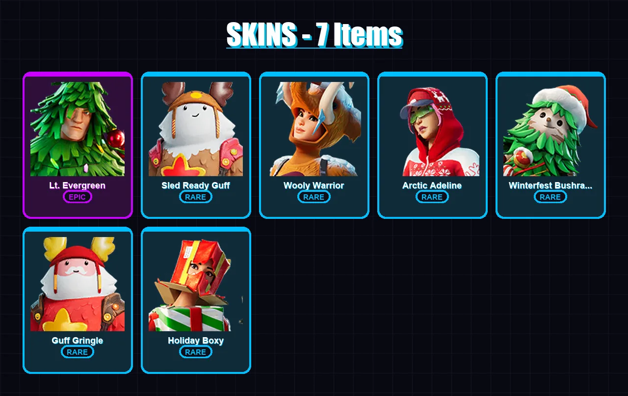 [PC/PSN] | Lt. Evergreen | Sled Ready Guff | Wooly Warrior | Arctic Adeline | Winterfest Bushranger | 7 skin | 9 pickaxe | 7 emote | 13 glider | Lv1