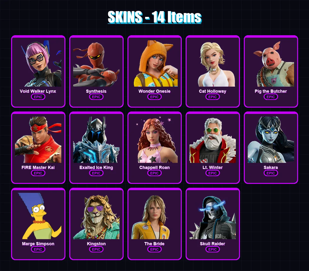 [PC/XBOX/PSN] | Void Walker Lynx | Synthesis | Wonder Onesie | Cat Holloway | Pig the Butcher | 14 skin | 20 pickaxe | 15 emote | 11 glider | Lv77