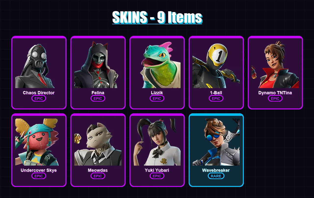 [PC/XBOX/PSN] | Chaos Director | Felina | Lizzik | 1-Ball | Dynamo TNTina | 9 skin | 26 pickaxe | 13 emote | 16 glider | Lv260