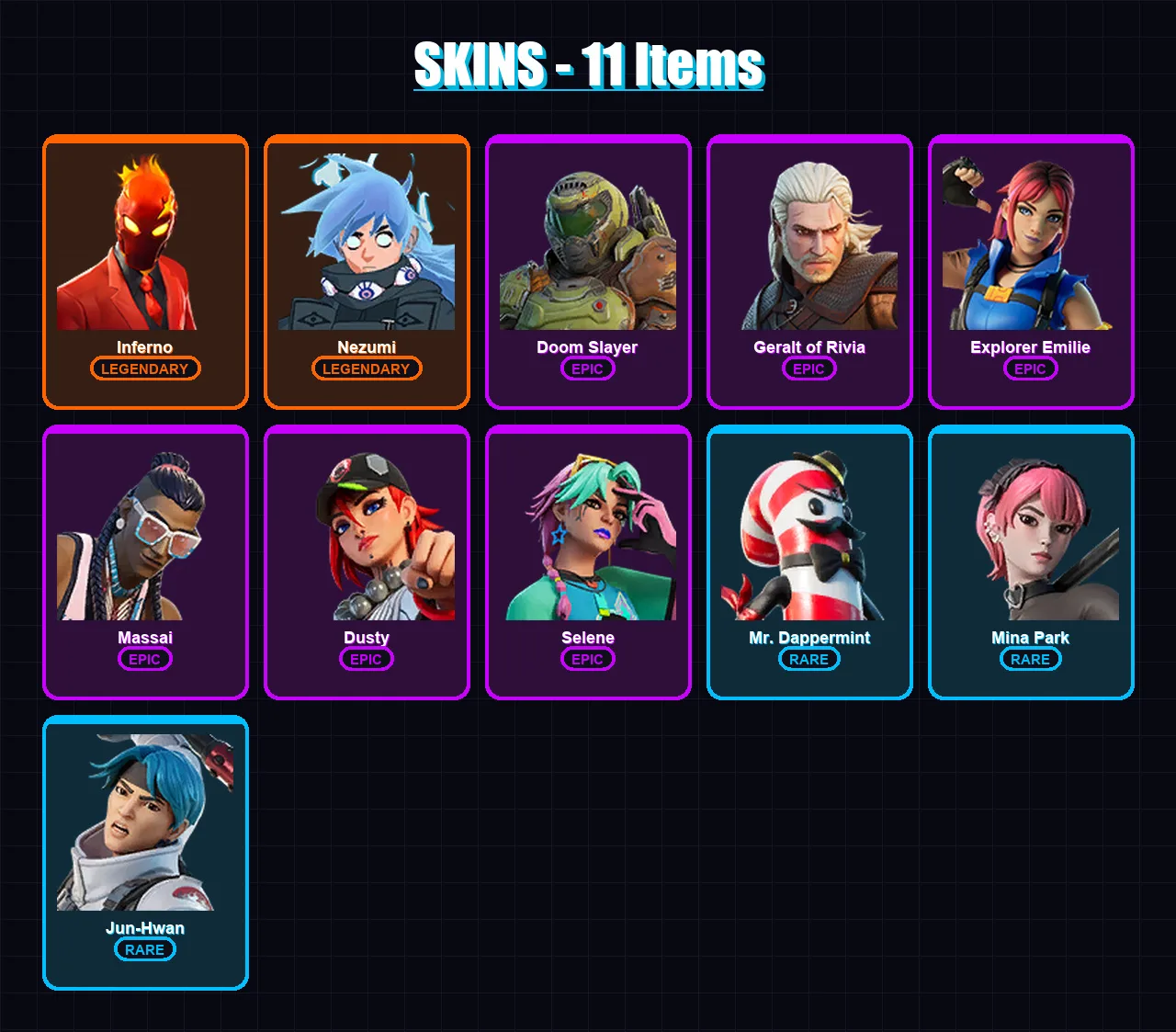 [PS4/PS5/XBOX/PC] | Inferno | Nezumi | Doom Slayer | Geralt of Rivia | Explorer Emilie | 11 skin | 15 pickaxe | 8 emote | 9 glider | Lv89