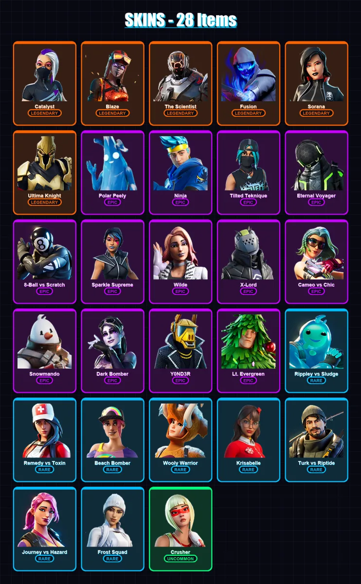 [PC/XBOX] | Catalyst | Blaze | The Scientist | Fusion | Sorana | 28 skin | 45 pickaxe | 72 emote | 49 glider | Lv1146