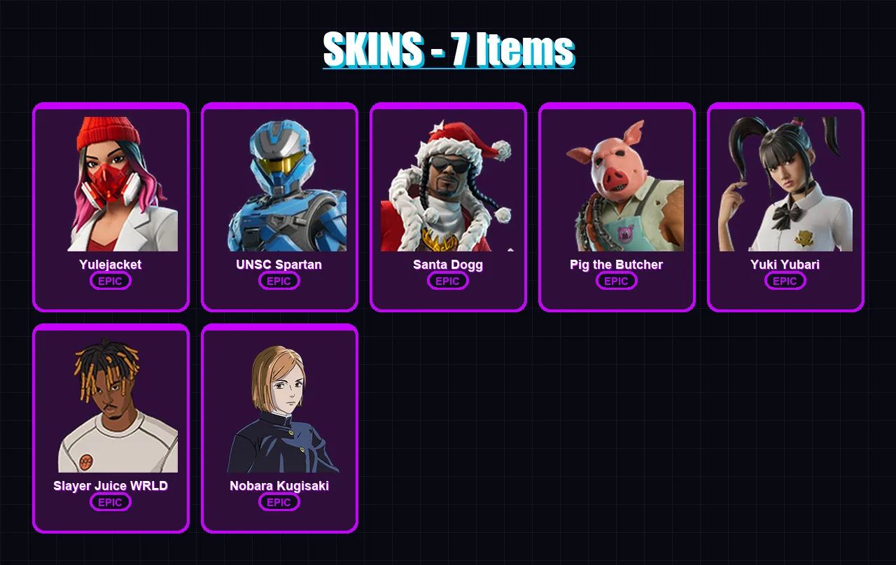 [PS4/PS5/XBOX/PC] | Yulejacket | UNSC Spartan | Santa Dogg | Pig the Butcher | Yuki Yubari | 7 skin | 69 pickaxe | 27 emote | 41 glider | Lv806