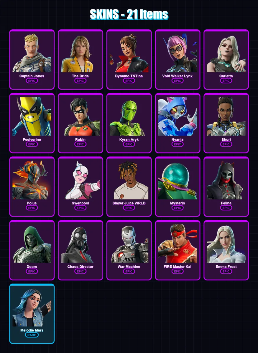 [PC/PSN] | Captain Jones | The Bride | Dynamo TNTina | Void Walker Lynx | Carletta | 21 skin | 26 pickaxe | 22 emote | 13 glider | Lv158 — Fortnite account