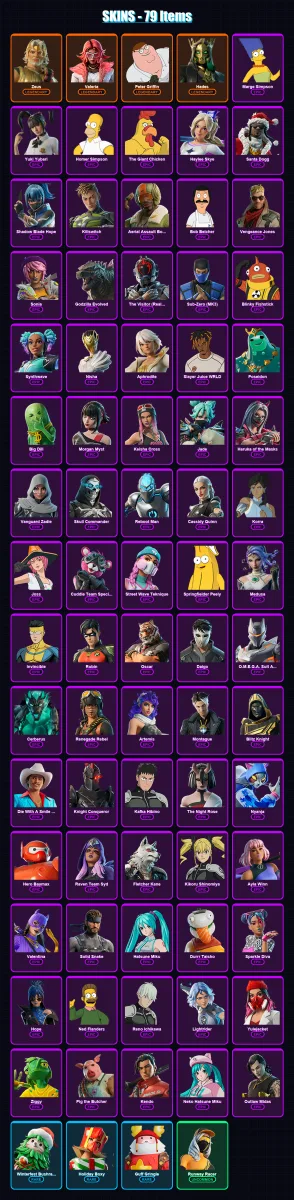 [PS4/PS5/XBOX/PC] | Zeus | Valeria | Peter Griffin | Hades | Marge Simpson | 79 skin | 114 pickaxe | 78 emote | 76 glider | Lv1087
