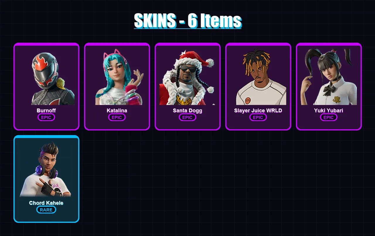 [PC] | Burnoff | Katalina | Santa Dogg | Slayer Juice WRLD | Yuki Yubari | 6 skin | 20 pickaxe | 6 emote | 9 glider | Lv131