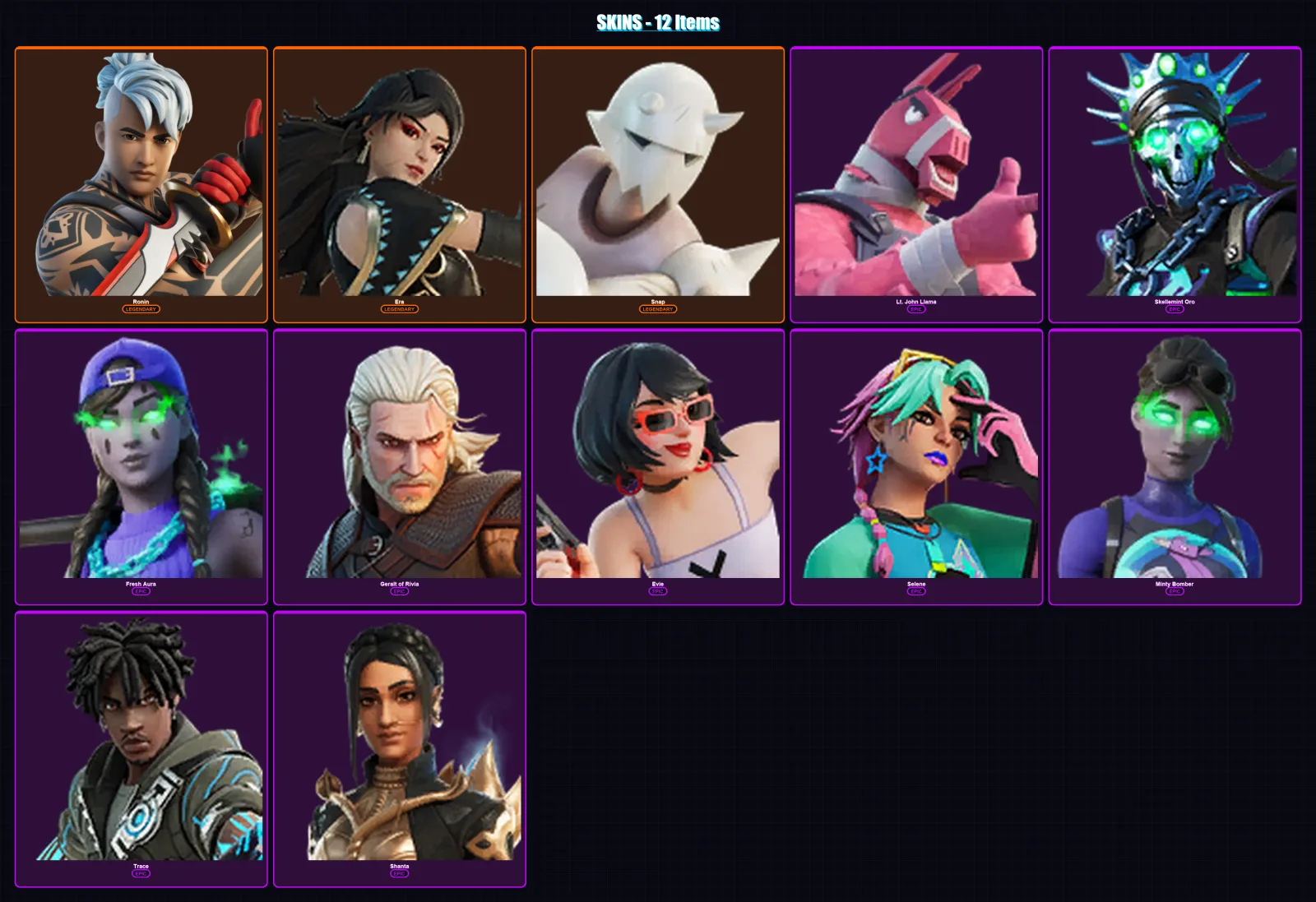 [PS4/PS5/XBOX/PC] | Ronin | Era | Snap | Lt. John Llama | Skellemint Oro | 12 skin | 14 pickaxe | 9 emote | 11 glider | Lv93