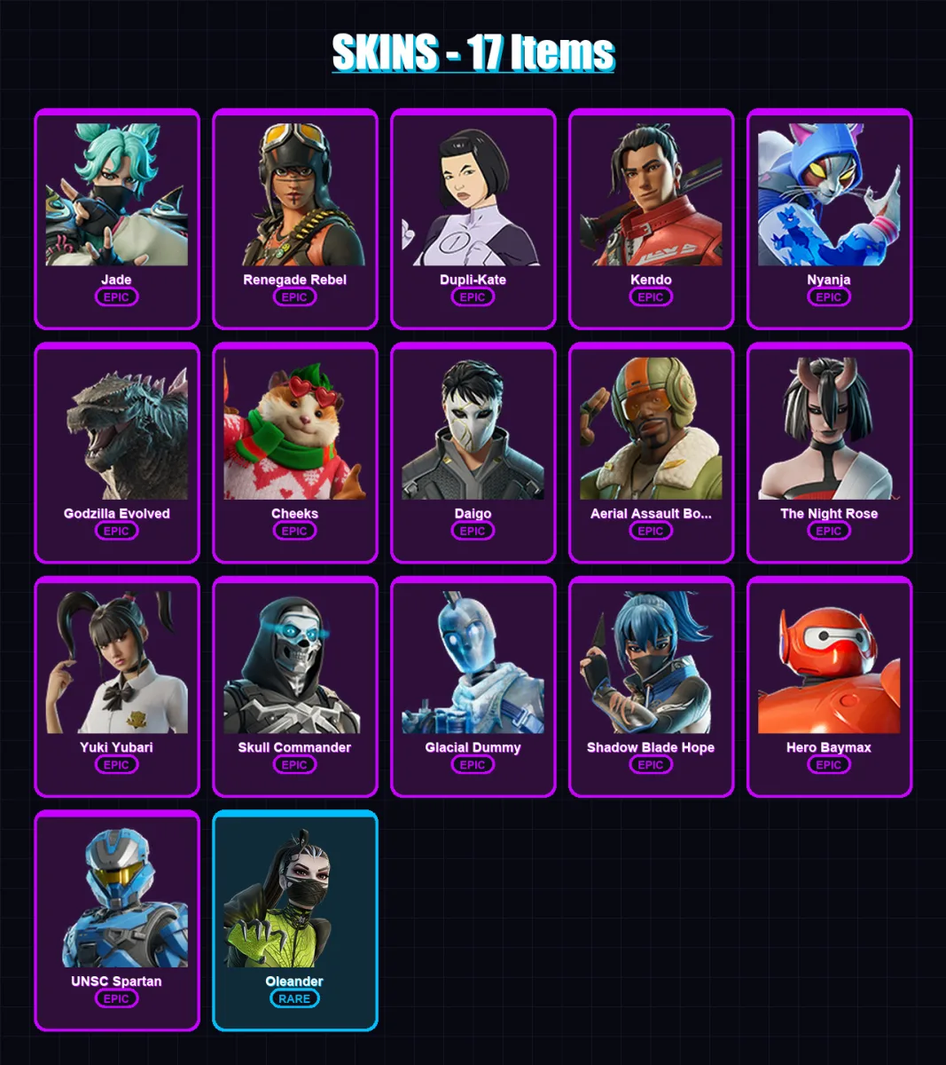[PS4/PS5/XBOX/PC] | Jade | Renegade Rebel | Dupli-Kate | Kendo | Nyanja | 17 skin | 63 pickaxe | 32 emote | 48 glider | Lv1072