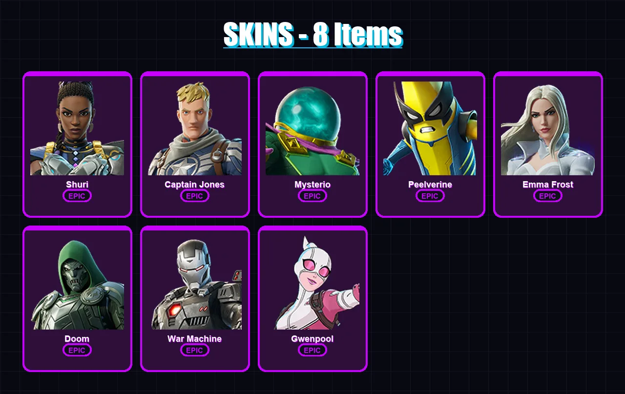 [PC] | Shuri | Captain Jones | Mysterio | Peelverine | Emma Frost | 8 skin | 12 pickaxe | 13 emote | 13 glider | Lv178