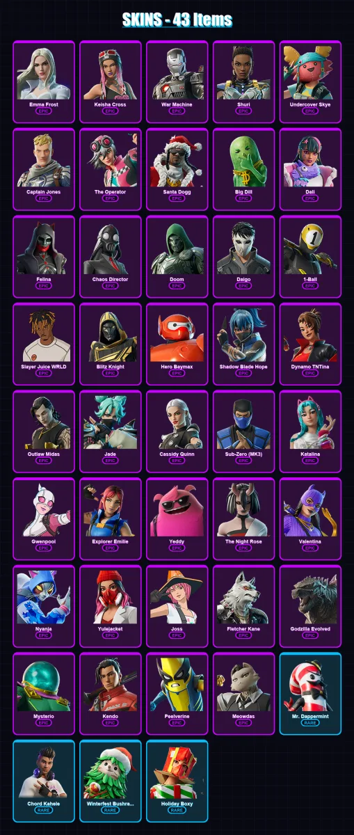 [PC/PSN] | Emma Frost | Keisha Cross | War Machine | Shuri | Undercover Skye | 43 skin | 93 pickaxe | 47 emote | 61 glider | Lv1065