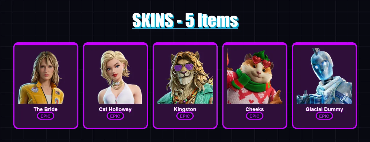 [PC/XBOX] | The Bride | Cat Holloway | Kingston | Cheeks | Glacial Dummy | 5 skin | 13 pickaxe | 8 emote | 11 glider | Lv45