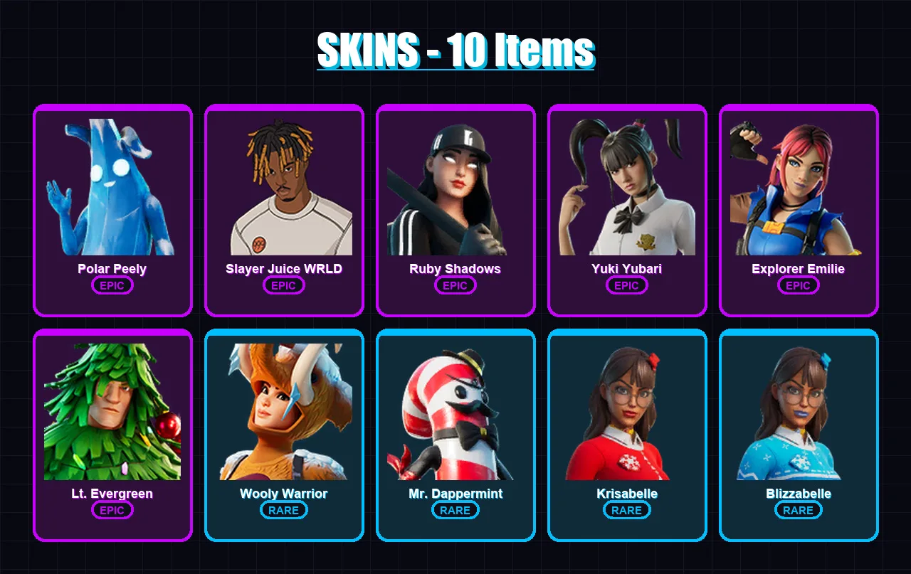 [PC/XBOX/PSN] | Polar Peely | Slayer Juice WRLD | Ruby Shadows | Yuki Yubari | Explorer Emilie | 10 skin | 38 pickaxe | 33 emote | 40 glider | Lv663