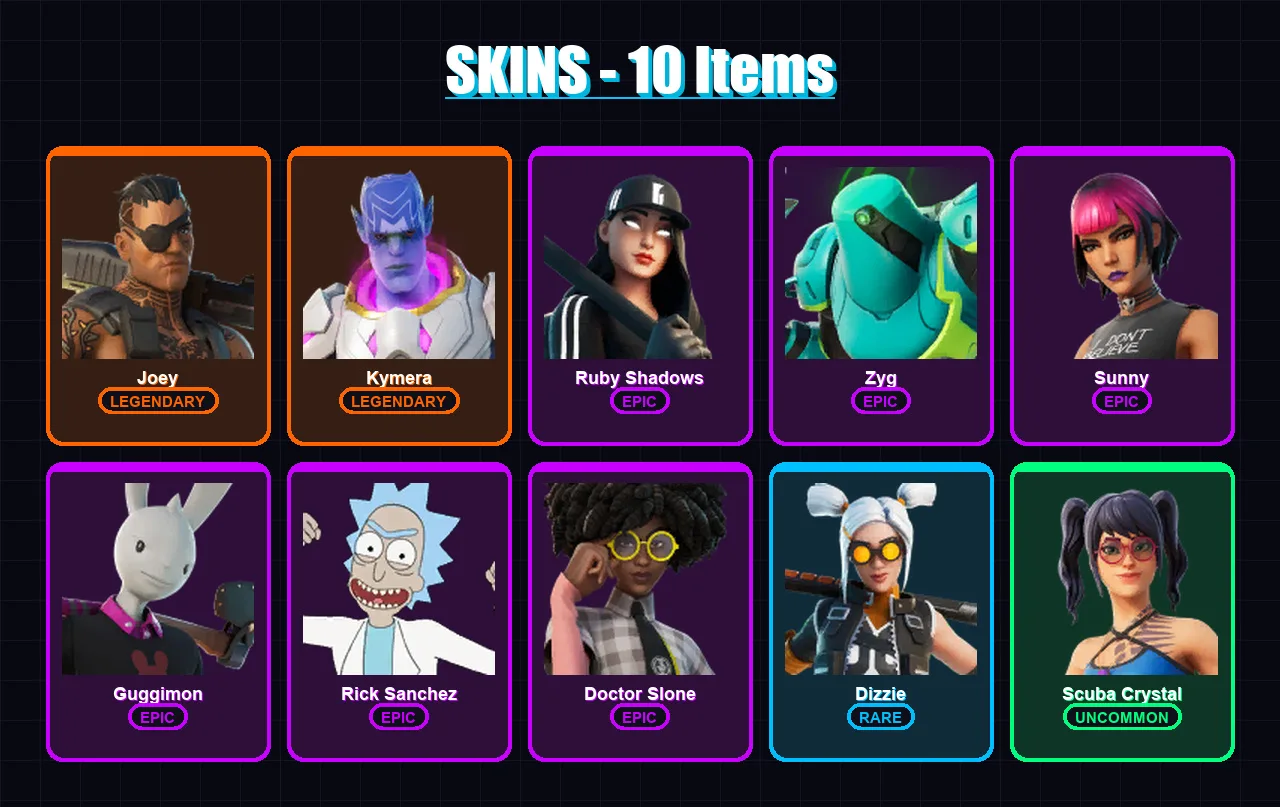 [PC/XBOX/PSN] | Joey | Kymera | Ruby Shadows | Zyg | Sunny | 10 skin | 9 pickaxe | 12 emote | 11 glider | Lv126