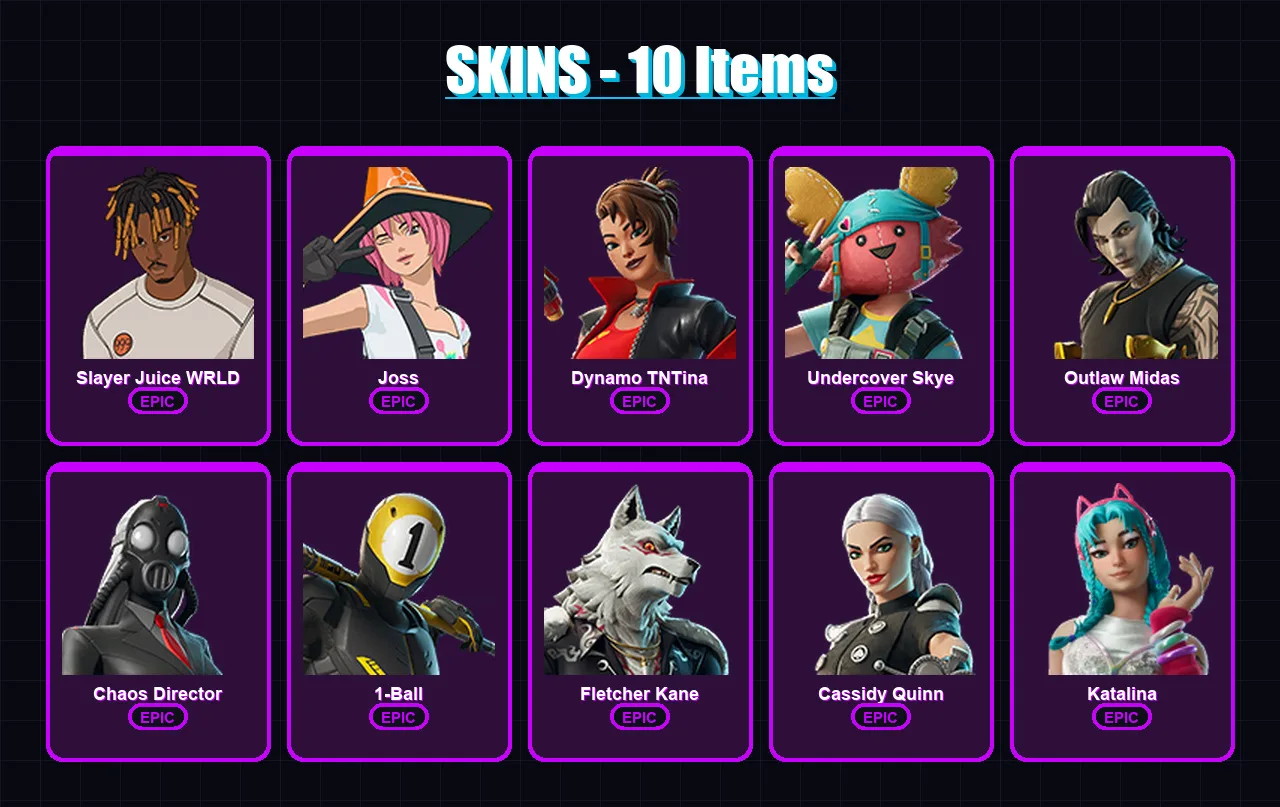 [PC/XBOX/PSN] | Slayer Juice WRLD | Joss | Dynamo TNTina | Undercover Skye | Outlaw Midas | 10 skin | 19 pickaxe | 13 emote | 12 glider | Lv108 — Fortnite account