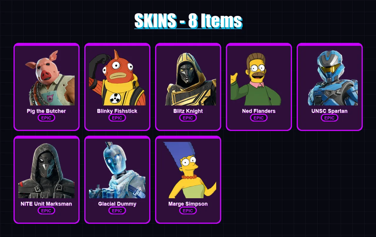 [PC/XBOX] | Pig the Butcher | Blinky Fishstick | Blitz Knight | Ned Flanders | UNSC Spartan | 8 skin | 61 pickaxe | 25 emote | 35 glider | Lv566