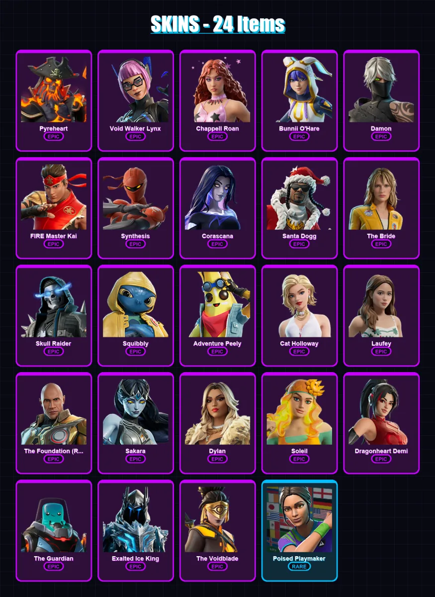 [PC/XBOX/PSN] | Pyreheart | Void Walker Lynx | Chappell Roan | Bunnii O'Hare | Damon | 24 skin | 43 pickaxe | 13 emote | 17 glider | Lv118