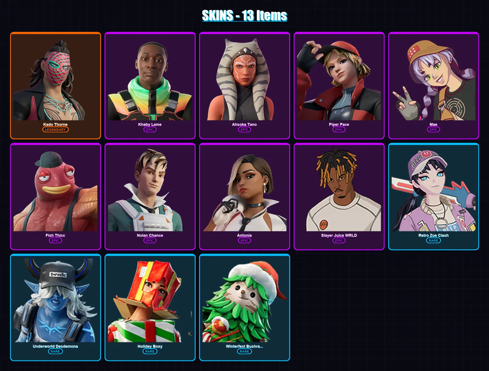 [PC/PSN] | Kado Thorne | Khaby Lame | Ahsoka Tano | Piper Pace | Mae | 13 skin | 20 pickaxe | 15 emote | 21 glider | Lv418