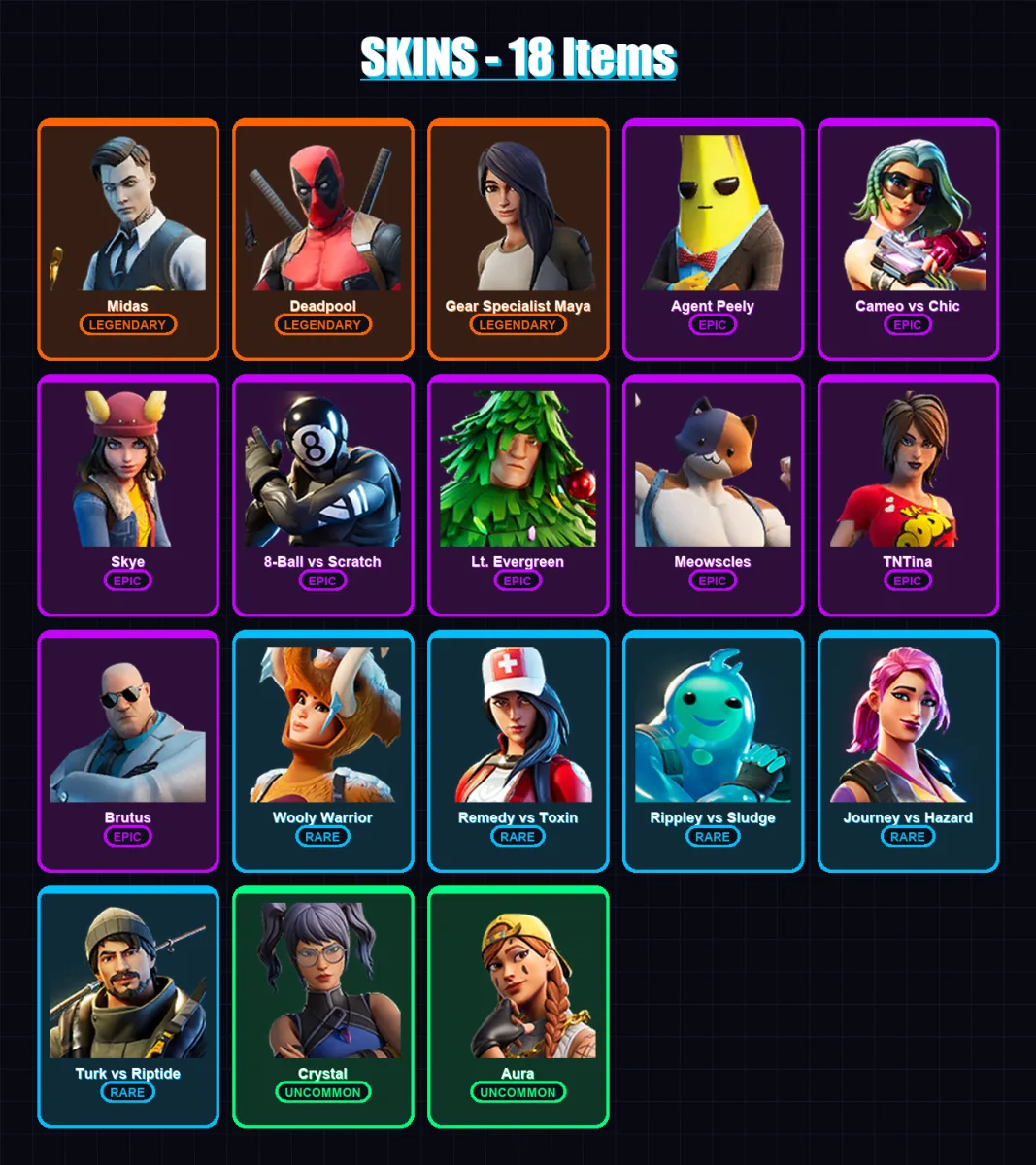 [PC/XBOX/PSN] | Midas | Deadpool | Gear Specialist Maya | Agent Peely | Cameo vs Chic | 18 skin | 17 pickaxe | 23 emote | 19 glider | Lv296