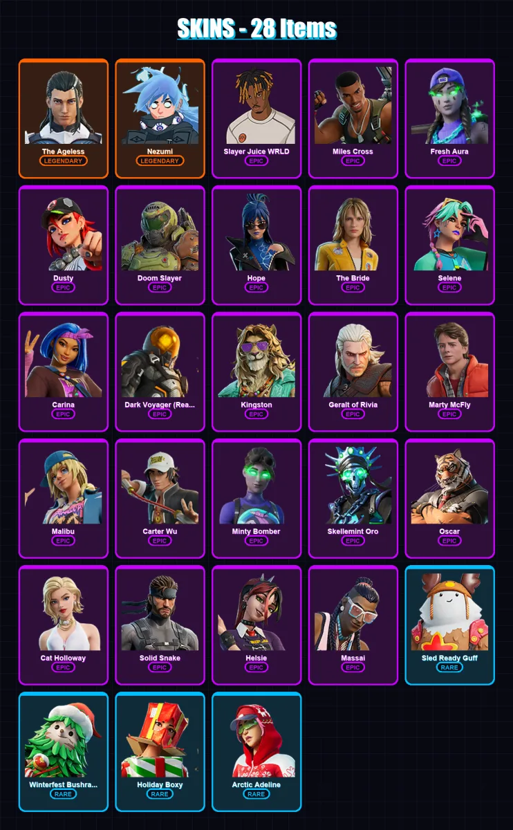 [PC/XBOX] | The Ageless | Nezumi | Slayer Juice WRLD | Miles Cross | Fresh Aura | 28 skin | 49 pickaxe | 32 emote | 41 glider | Lv344