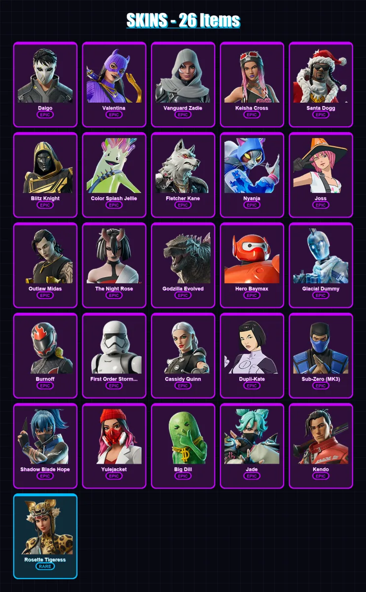 [PC/XBOX/PSN] | Daigo | Valentina | Vanguard Zadie | Keisha Cross | Santa Dogg | 26 skin | 73 pickaxe | 38 emote | 47 glider | Lv1425