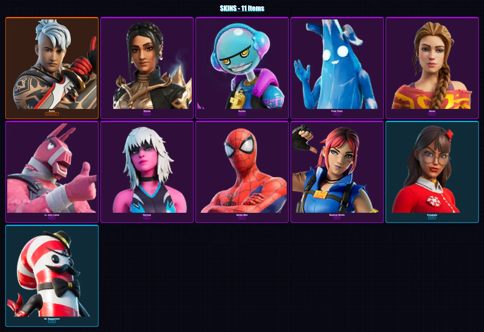 [PC/PSN] | Ronin | Shanta | Gumbo | Polar Peely | Haven | 11 skin | 16 pickaxe | 10 emote | 13 glider | Lv154
