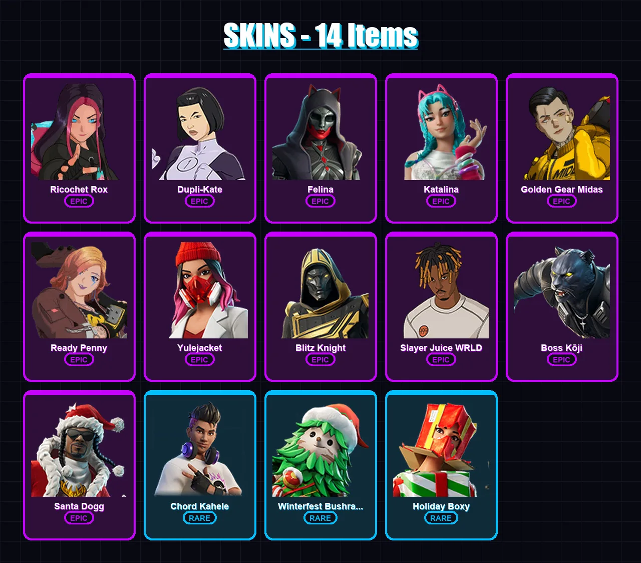 [PS4/PS5/XBOX/PC] | Ricochet Rox | Dupli-Kate | Felina | Katalina | Golden Gear Midas | 14 skin | 78 pickaxe | 28 emote | 47 glider | Lv889