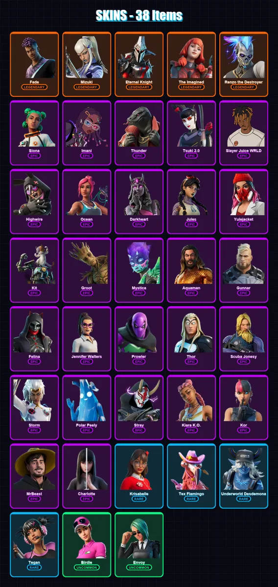 [PC/XBOX/PSN] | Fade | Mizuki | Eternal Knight | The Imagined | Renzo the Destroyer | 38 skin | 66 pickaxe | 49 emote | 57 glider | Lv823