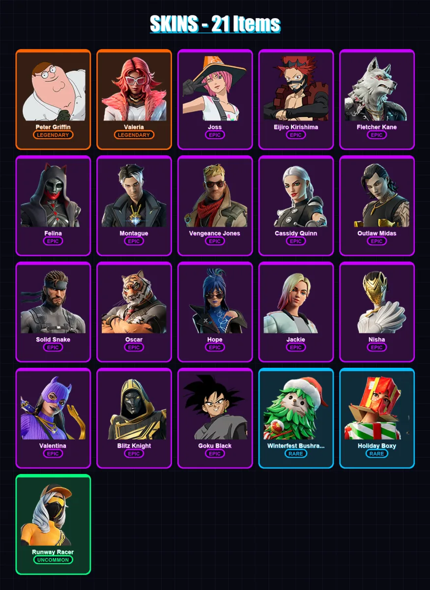 [PC/XBOX/PSN] | Peter Griffin | Valeria | Joss | Eijiro Kirishima | Fletcher Kane | 21 skin | 55 pickaxe | 33 emote | 38 glider | Lv752