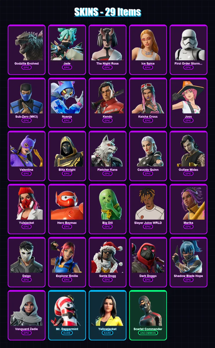 [PC/PSN] | Godzilla Evolved | Jade | The Night Rose | Ice Spice | First Order Stormtrooper | 29 skin | 52 pickaxe | 30 emote | 35 glider | Lv602
