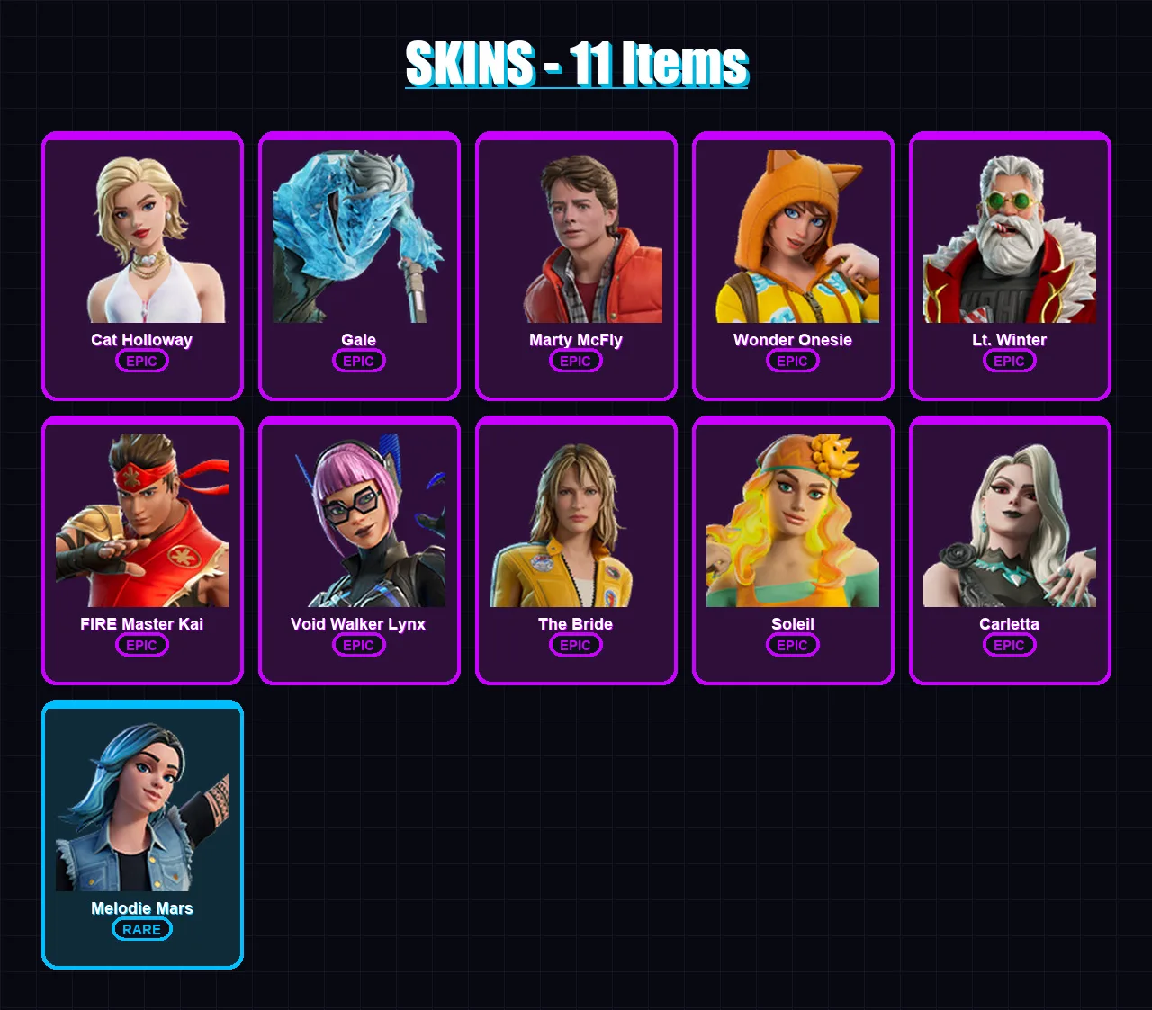 [PC/PSN] | Cat Holloway | Gale | Marty McFly | Wonder Onesie | Lt. Winter | 11 skin | 14 pickaxe | 14 emote | 7 glider | Lv41